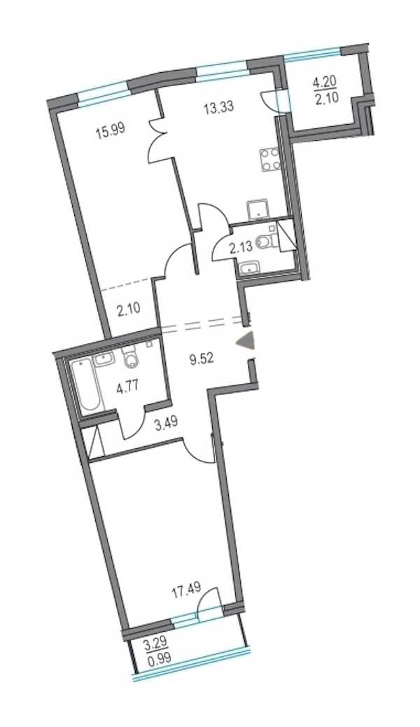 Двухкомнатная квартира в Мегалит-Охта Групп: площадь 68.82 м2 , этаж: 3 – купить в Санкт-Петербурге